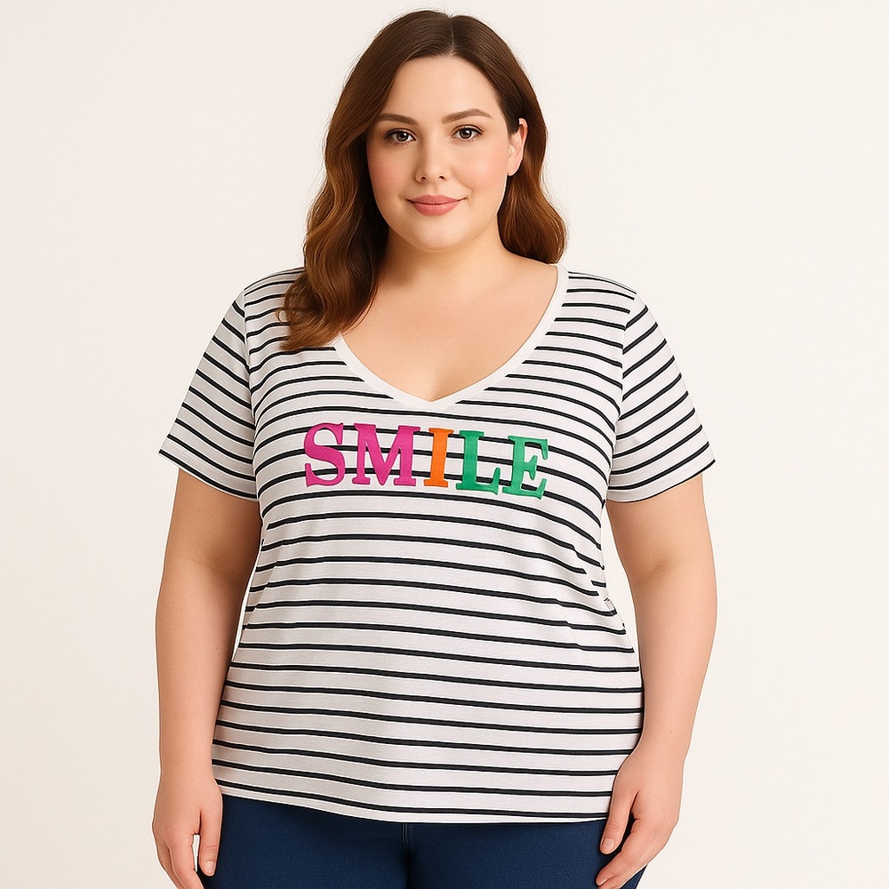 2/40$ Reitmans shirt striped jersey blue white soft Smile spring summer plussize